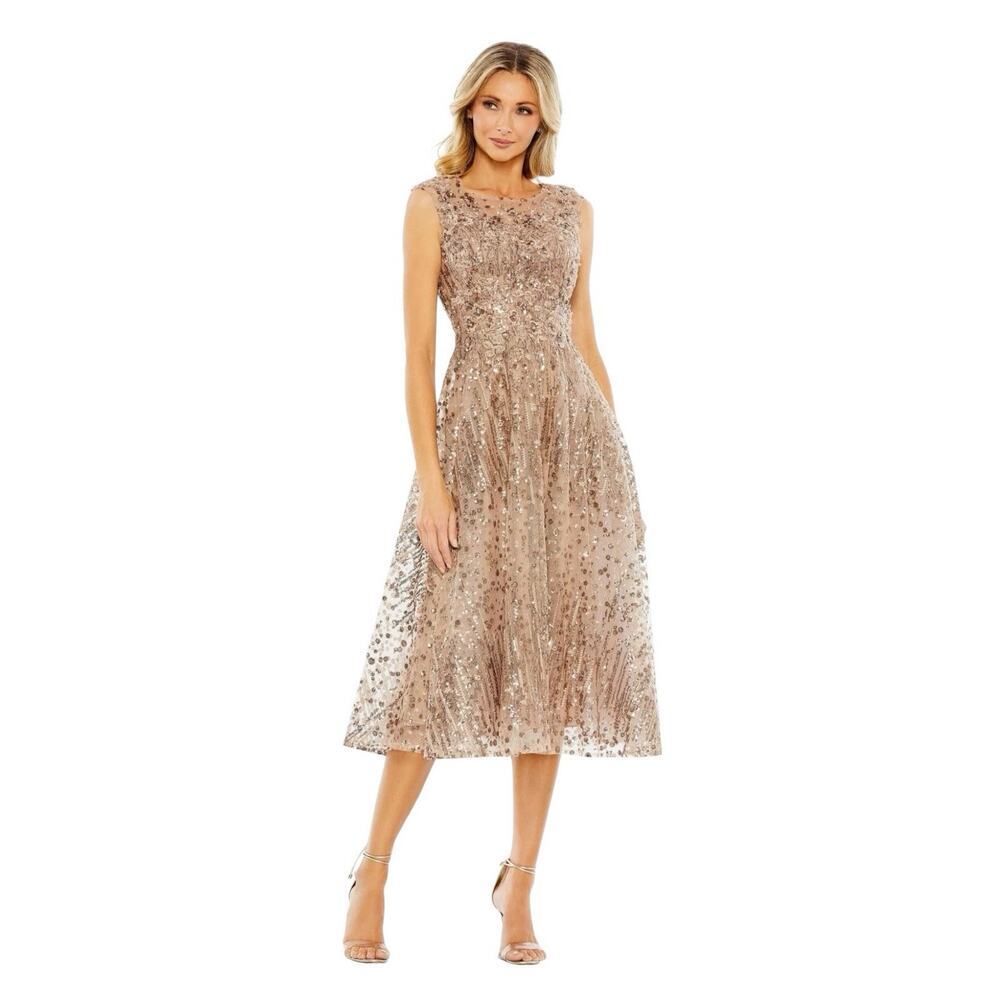 Mac Duggal 20398 Bronze Embellished A-Line Midi Dress Size 14 $498